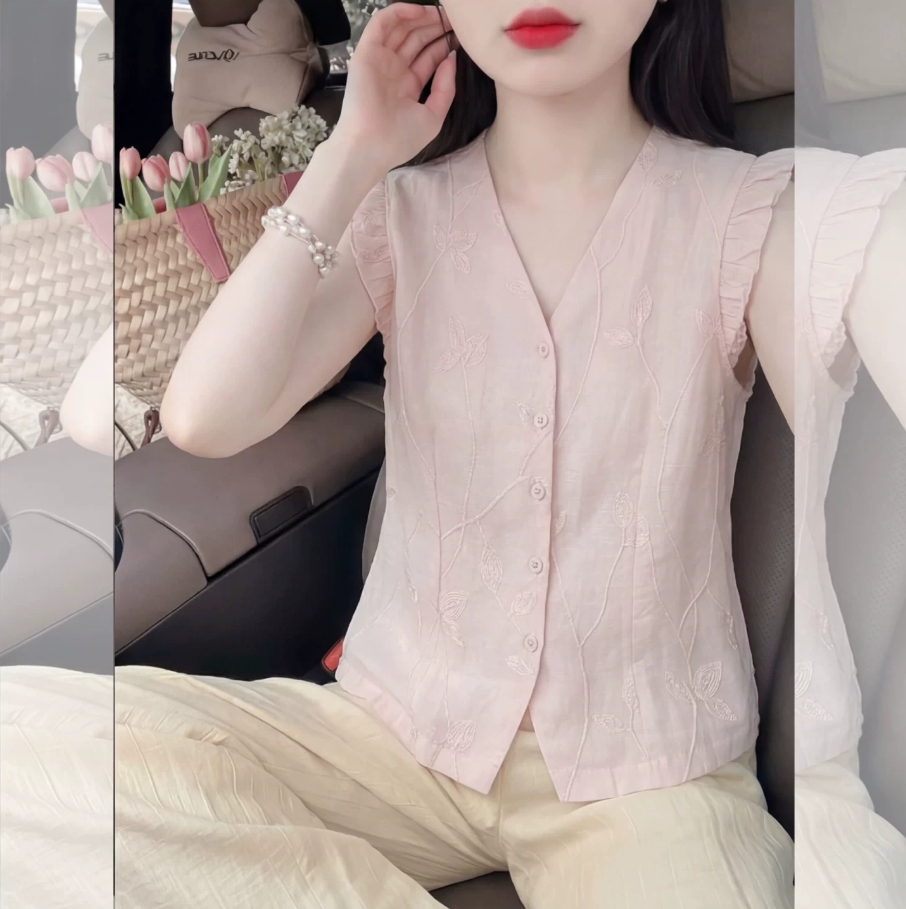 V넥 여성 셔츠 민소매 여름 얇은 2026 새로운 루즈핏 고급 센스 연령 감소 외국 가스 Feifei 소매 오픈 가디건 맨위