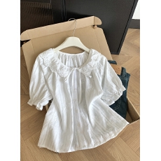 批发法式系带花边娃娃领白<b class='q'>衬衫</b>女2026夏宽松减龄泡泡短袖韩系小衫上衣
