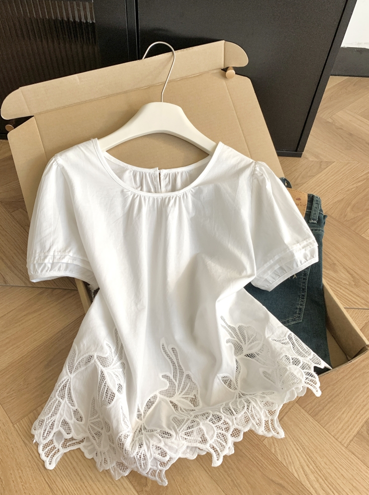 프랑스식 자수 여성 셔츠 여름 자수 홀로우 아웃 2026 새로운 루즈핏 슬림해 보이는 꽃밭 소매 작은 셔츠 맨위