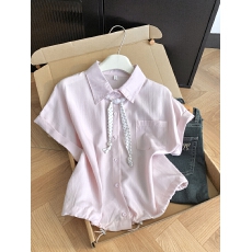 设计感波点丝带短袖翻领衬衫女夏季新款抽绳收腰宽松显瘦短款上衣