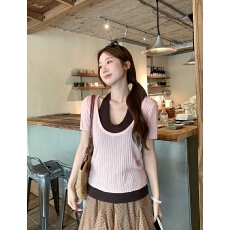 批发韩系撞色假两件挂脖针织衫女<b class='q'>夏</b>季小个子时尚百搭显瘦短款上衣