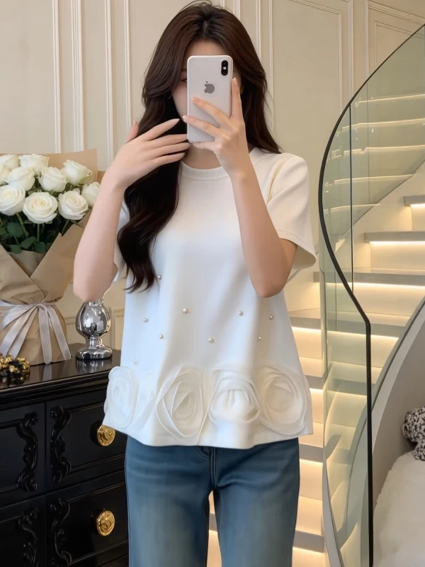 작은 키 진주 3 차원 꽃 라운드 넥 반팔 티셔츠 여성 여름 디자인 센스 패션 다용도 슬림해 보이는 맨위 트렌디