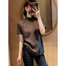 批发老钱风气质咖色立领百搭<b class='q'>短袖</b><b class='q'>衬衫</b>女装2026夏季新款巨好看通勤上衣