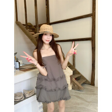批发实拍 夏季新款甜美木耳边<b class='q'>宽松</b>压褶吊带背心+松紧腰休闲短裤