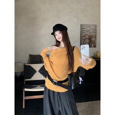 实拍 慵懒黄色露肩针织毛衣女秋季新款松紧腰宽松显瘦阔腿裤套装