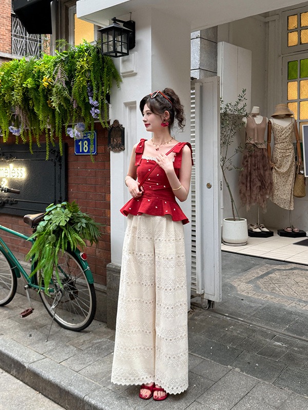 FA26038# 一生罗曼法式夏季新款爱心波点吊带上衣女修身显瘦小衫 服裝批發女裝批發服飾貨源