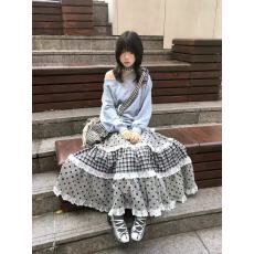 批发多层花边格子薄点拼接大摆A字长半裙百搭日系少女四季可穿