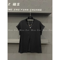 批发原版做法 大码300斤 新款圆领立体钉珠装饰前开叉短袖T恤女上衣