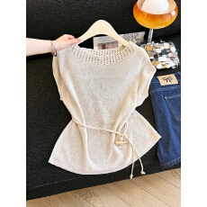 批发实拍韩式温柔风镂空针织衫女夏季短袖收腰显瘦绑带上衣气质