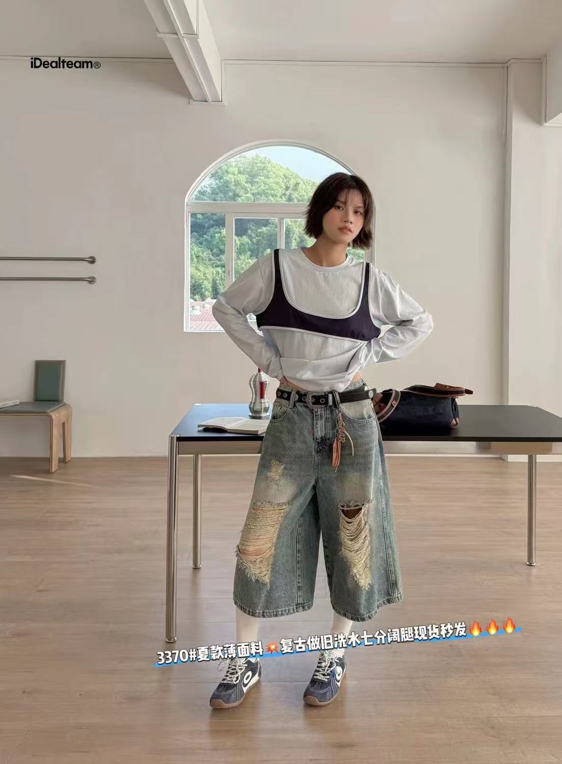 여름 새로운 얇은 원단 레트로 찢어진 부분 스트레이트 7 점 청바지