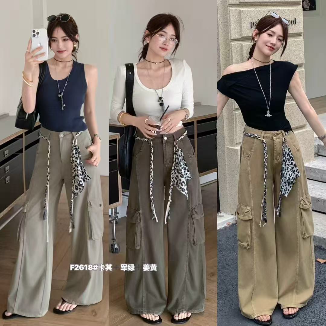 레오파드 무늬 펌프 로프 워크웨어 와이드 레깅스 바지 하이웨이스트 도루 센스 스트레이트 캐주얼 바지