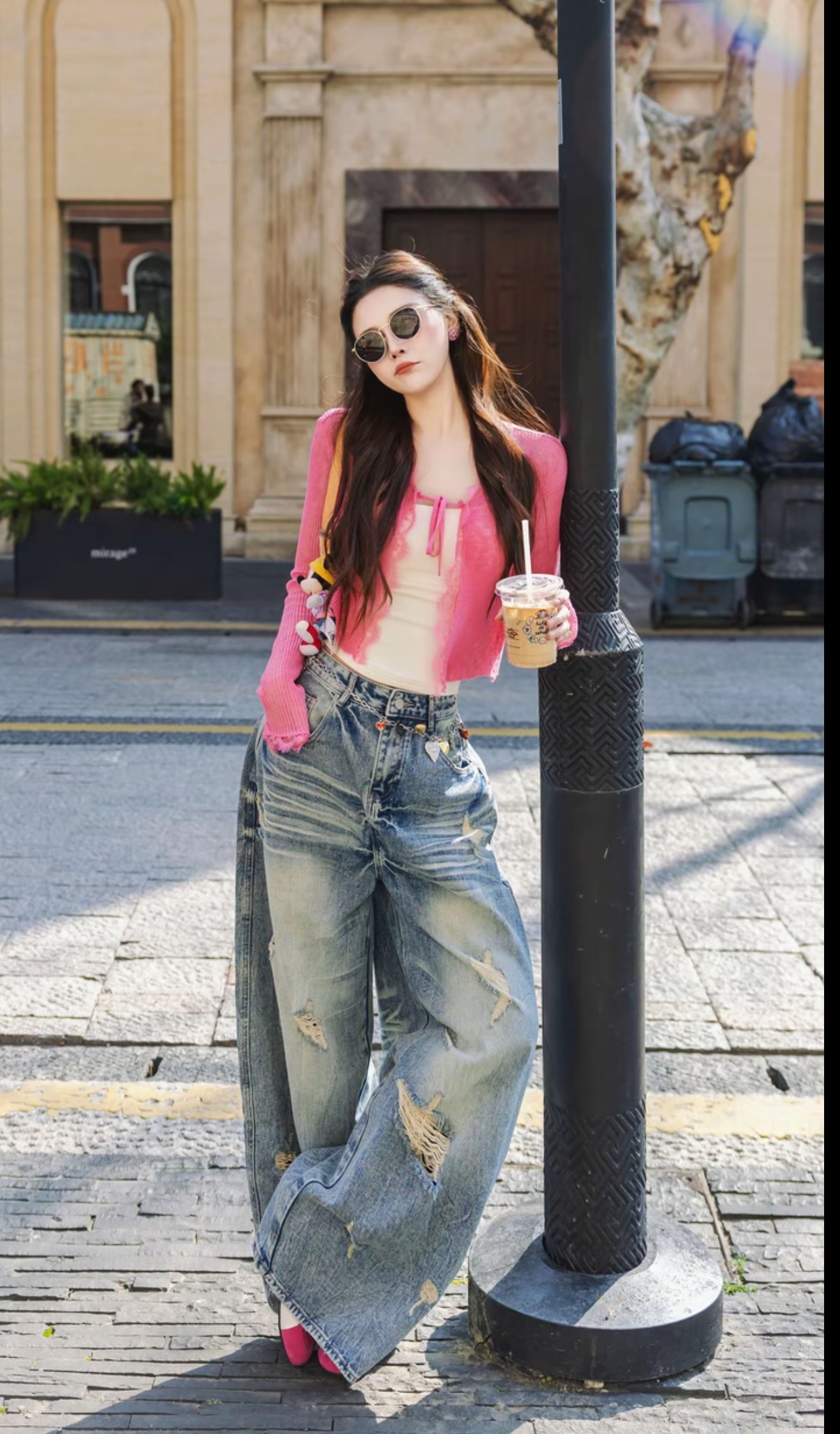 sister 자매 홈 아메리칸 레트로 마 오래된 워싱 스크래치 썩은 찢어진 부분 말 骝 루즈핏 슬림해 보이는 넓은 다리 청바지