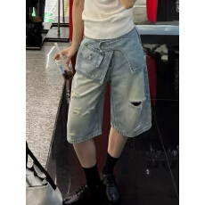 批发2026夏季新款<b class='q'>个性</b>破洞洋假两件牛仔女五分裤欧货显瘦中裤阔腿<b class='q'>时尚</b>