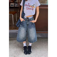 批发美式镶钻设计竹节七分裤女夏季水洗宽松阔腿七分牛仔裤 