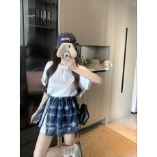 批发实拍实价  韩系圆领长款短袖<b class='q'>T</b><b class='q'>恤</b>系绳格子裙两件套