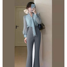 批发2026年春季新款飘带衬衫时尚<b class='q'>气质</b>显瘦慵懒风女通勤<b class='q'>气质</b>上衣<b class='q'>裤</b>子