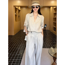 批发老钱风亚麻衬衫套装女<b class='q'>夏</b>季慵懒松弛轻奢V领棉麻衬衣阔腿裤两件套