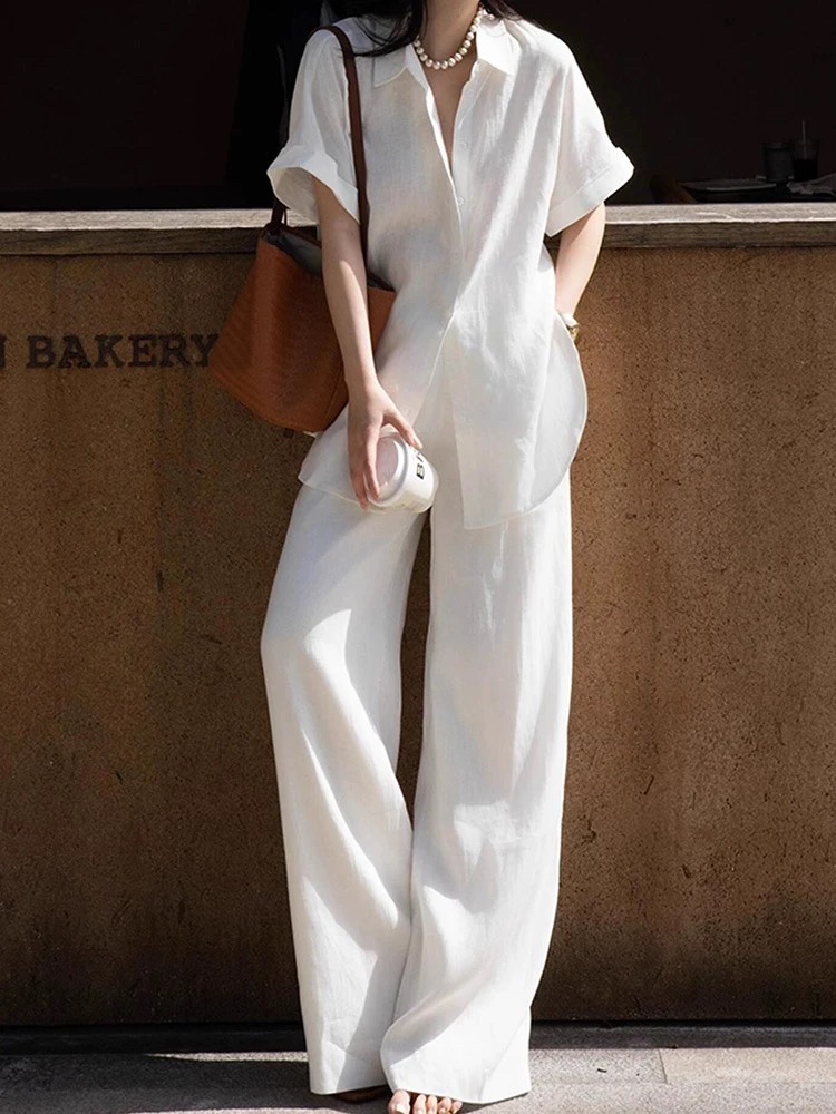 면 린넨 여성 고급 세트 캐주얼 운동 화이트 셔츠 반팔 여름 패션 휴가 아마 오래된 돈 바람 착용 가져 가라.