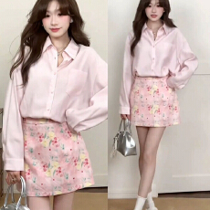 批发韩系温柔氛围感穿搭一整套女春季新款法式粉色<b class='q'>长袖</b><b class='q'>衬衫</b>碎花半身裙