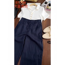 批发夏装搭配一整套洋气减龄Polo领短袖衬衫藏蓝色棉麻亚麻休闲裤<b class='q'>套装</b>