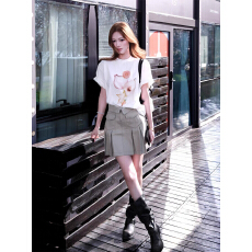 批发韩系一整套ootd穿搭水果印花短袖T恤上衣高腰<b class='q'>百褶</b>半身裙休闲套装