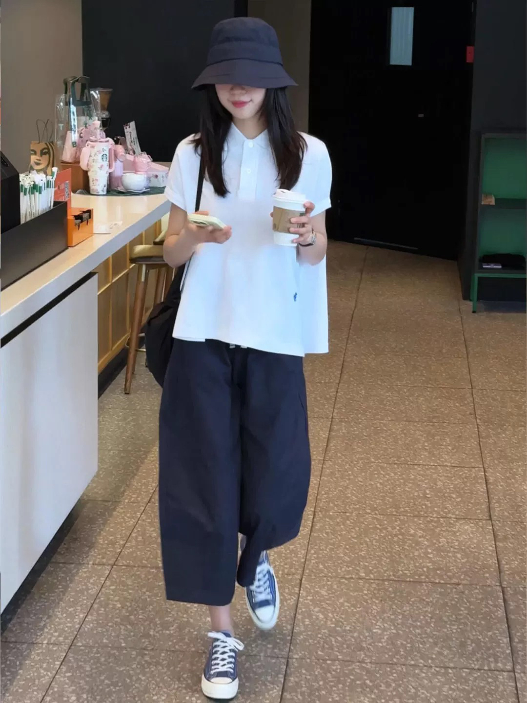 한 부서 루즈핏 캐주얼 운동 화이트 POLO 칼라 반팔 티셔츠 하이웨이스트 와이드 레그 팬츠 세트 여성 초여름