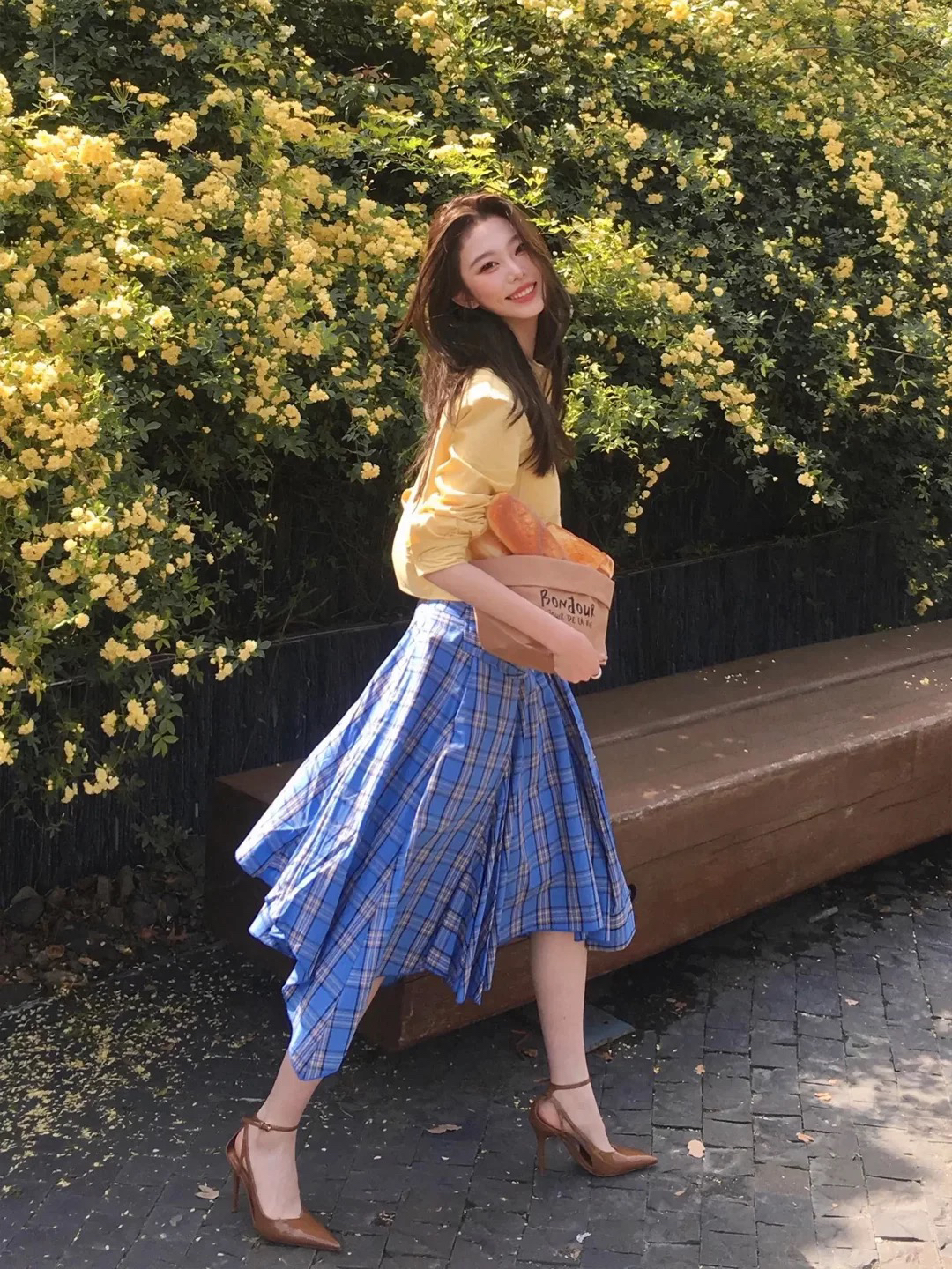 한 부서 전체 집합 ootd 착용 가져 가라. 작은 키 짧은 셔츠 블루 체크무늬 불규칙 스트랩 반신 치마 세트