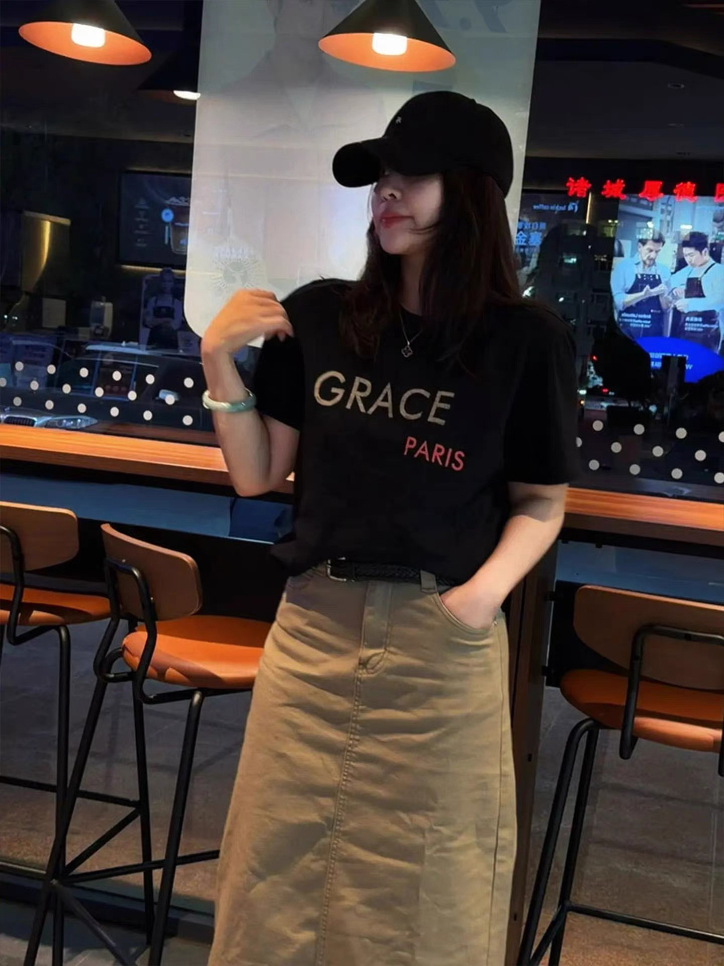 한 부서 전체 집합 ootd 캐주얼 아메리칸 알파벳 프린트 반팔 티셔츠 여성 하이웨이스트 반신 치마 세트