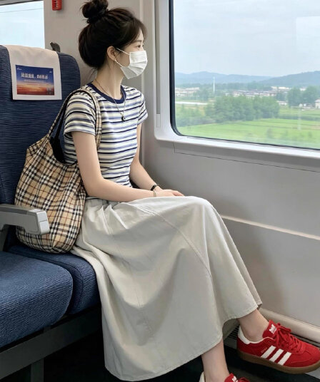 작은 키 스트라이프 반팔 드레스 아이들 여름 2026 새로운 한 부서 그레이트 통해보기 가져 가라. 에이즈 환자 세트 롱 스커트