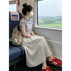 批发小个子<b class='q'>条纹</b>短袖连衣裙子女夏2026新款韩系巨好看穿搭一整套装长裙