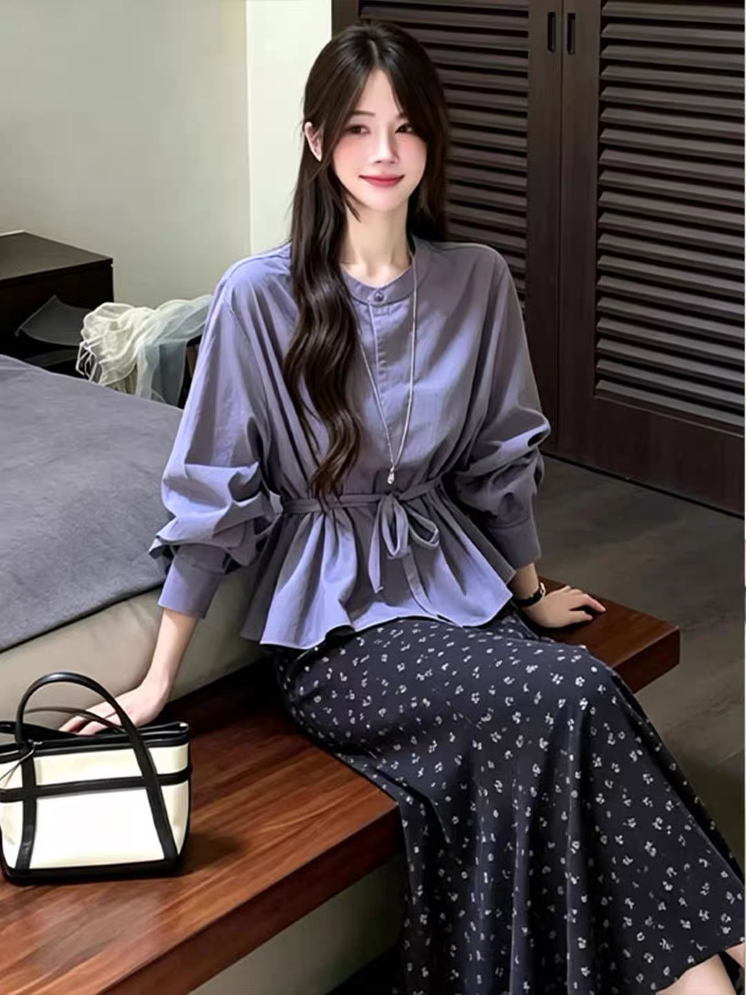 BY30412# 立领收腰系带长袖衬衫碎花大摆半身裙韩系通勤简约百搭显瘦两件套 服裝批發女裝批發服飾貨源