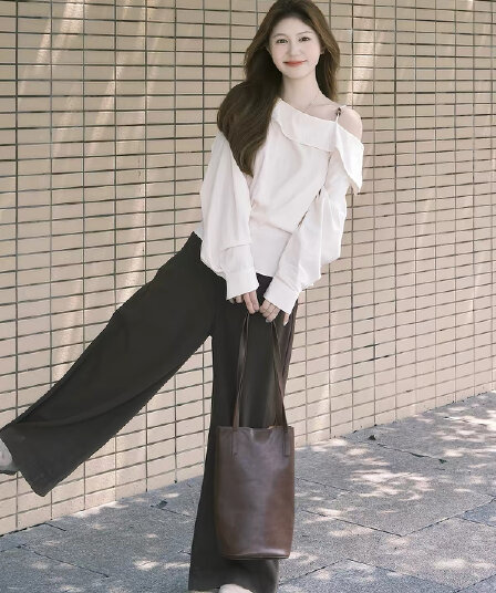 프랑스식 핑크색 프릴 벌룬 소매 여성 셔츠 디스플레이 높음 슬림해 보이는 캐주얼 넓은 다리 길이 바지