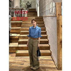 批发秋季新款高级感法式蓝色<b class='q'>衬衫</b>女宽松长袖上衣<b class='q'>韩版</b>ins内搭直筒裤子