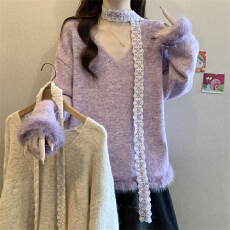 批发实拍大码女装秋冬绝美法式温柔毛衣重工毛毛立体拼接蕾丝花边毛衣