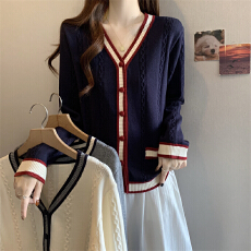 批发实拍大码女装高级感百搭宽松V领撞色针织衫毛衣女