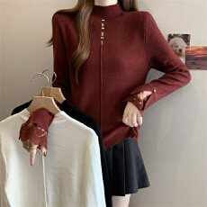 实拍秋冬法式胖MM小心机重工蕾丝拼接设计感针织衫百搭显瘦上衣