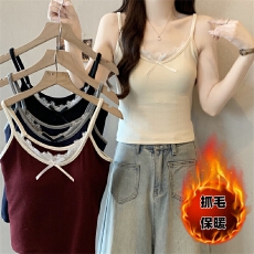 批发实拍实价秋冬胖MM法式蕾丝刺绣胸垫一体抓毛美背内搭外穿搭外套