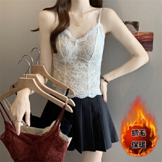 批发实拍实价法式胖MM绝美抓毛保暖蕾丝美背吊带带胸垫一体内搭外穿