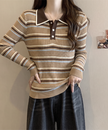 실사 가을 지방 mm 프랑스식 POLO 칼라 디자인 패치워크 스트라이프 알파벳 외국 가스 슬림해 보이는 긴팔 니트 스웨터 티셔츠