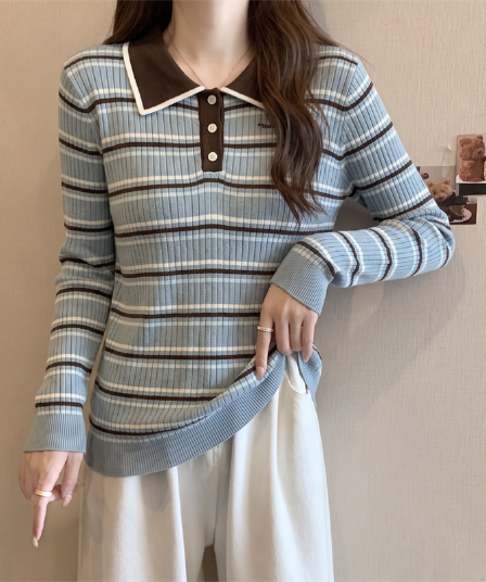 실사 가을 지방 mm 프랑스식 POLO 칼라 디자인 패치워크 스트라이프 알파벳 외국 가스 슬림해 보이는 긴팔 니트 스웨터 티셔츠
