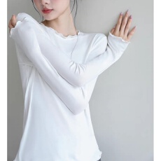 批发XZLDHY设计感卷边木耳领<b class='q'>长袖</b><b class='q'>T</b><b class='q'>恤</b>女秋季新款修身显瘦白色上衣