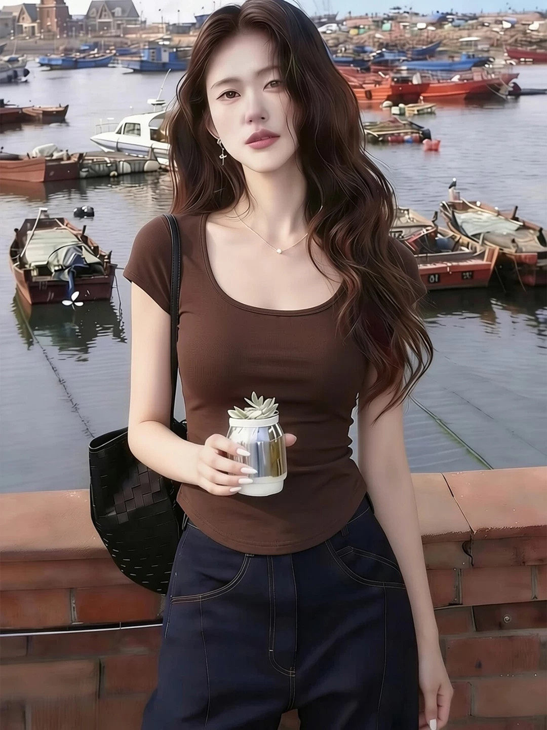 u 칼라 브라운 반팔 티셔츠 여성 여름 몸매 가꾸기 인사이드 가져 가라. 기본 셔츠 맨위