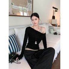 批发缤菓binguo 韩系假两件撞色露肩<b class='q'>针织衫</b>女早秋新款修身气质羊毛衫