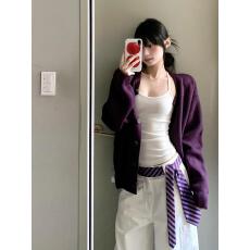 批发韩系慵懒风紫色针织开衫毛衣<b class='q'>外套</b>女秋冬装2025新款软糯高级感上衣