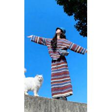 批发复古条纹慵懒风针织套装女秋冬韩式chic巨好看毛衣上衣半裙两件套