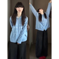 批发蓝色翻领毛衣外套女冬季2025新款韩系双拉链针织开衫慵懒软糯上衣