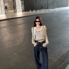 批发法式千金小香风条纹<b class='q'>针织</b><b class='q'>开衫</b>背心两件套女修身显瘦洋气