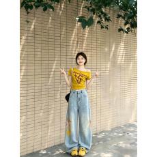 批发<b class='q'>秋</b>季美式复古弯刀牛仔裤男宽松直筒水洗做旧泼墨涂鸦设计感阔腿裤