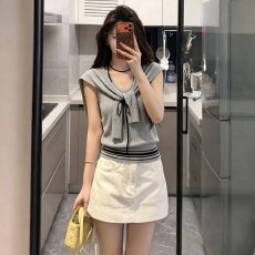 批发法式假两件海军领灰色无袖冰丝针织衫女<b class='q'>夏</b>季修身显瘦叠穿披肩上衣
