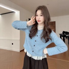 批发温柔风气质少女感蓝色针织开衫女装2026<b class='q'>秋</b>冬新款百搭显瘦漂亮上衣
